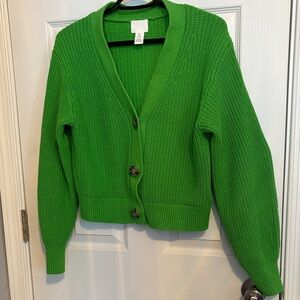Green Women's Chunky V-Neck Button Cardigan Sweater